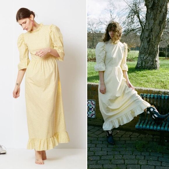 Batsheva Collarless Kate Dress Yellow Moire Maxi Ruffle Hem Lace Trim, Size 6 - Picture 2 of 12